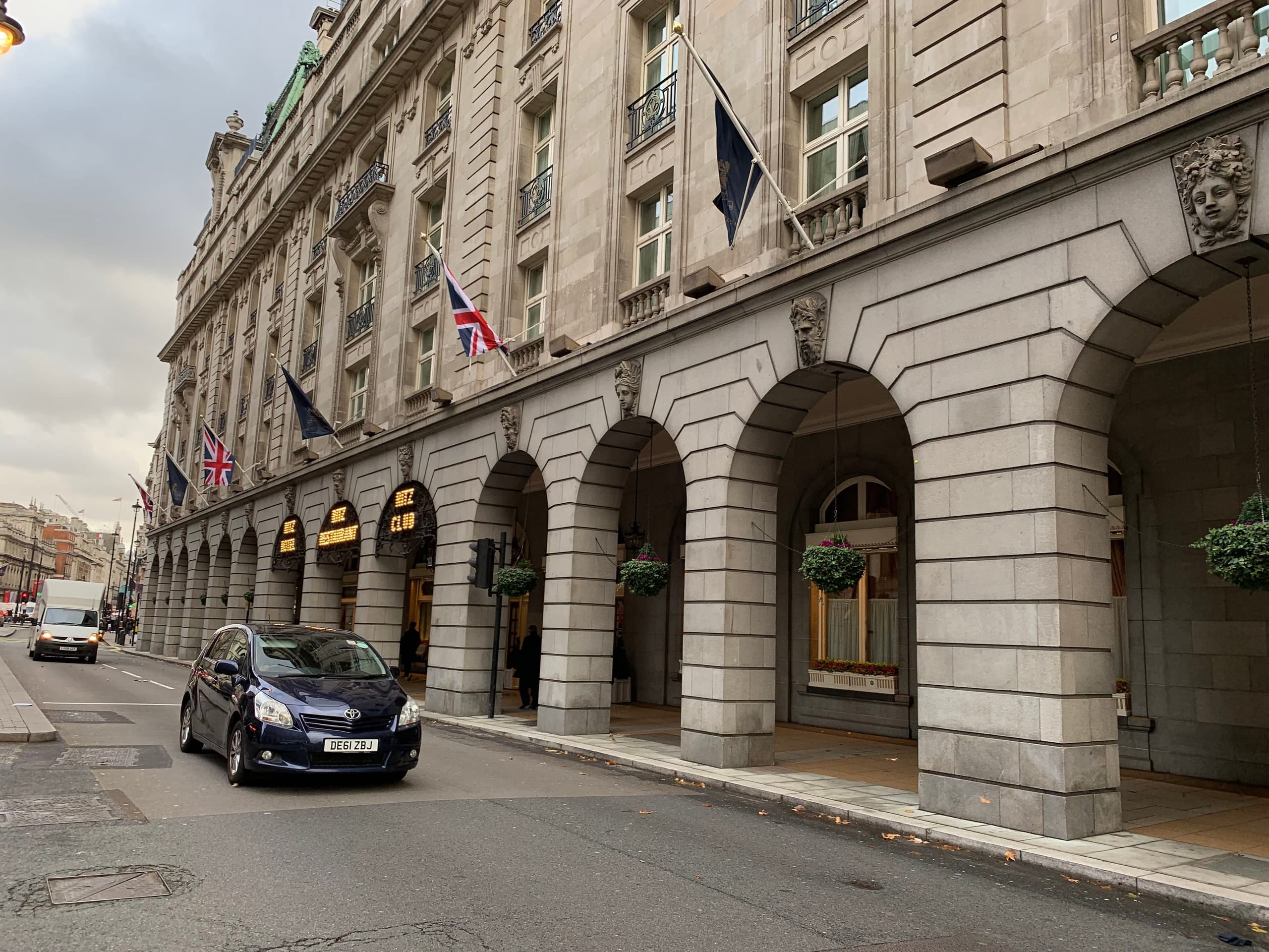 The stone loggia of The Ritz on a grey London day