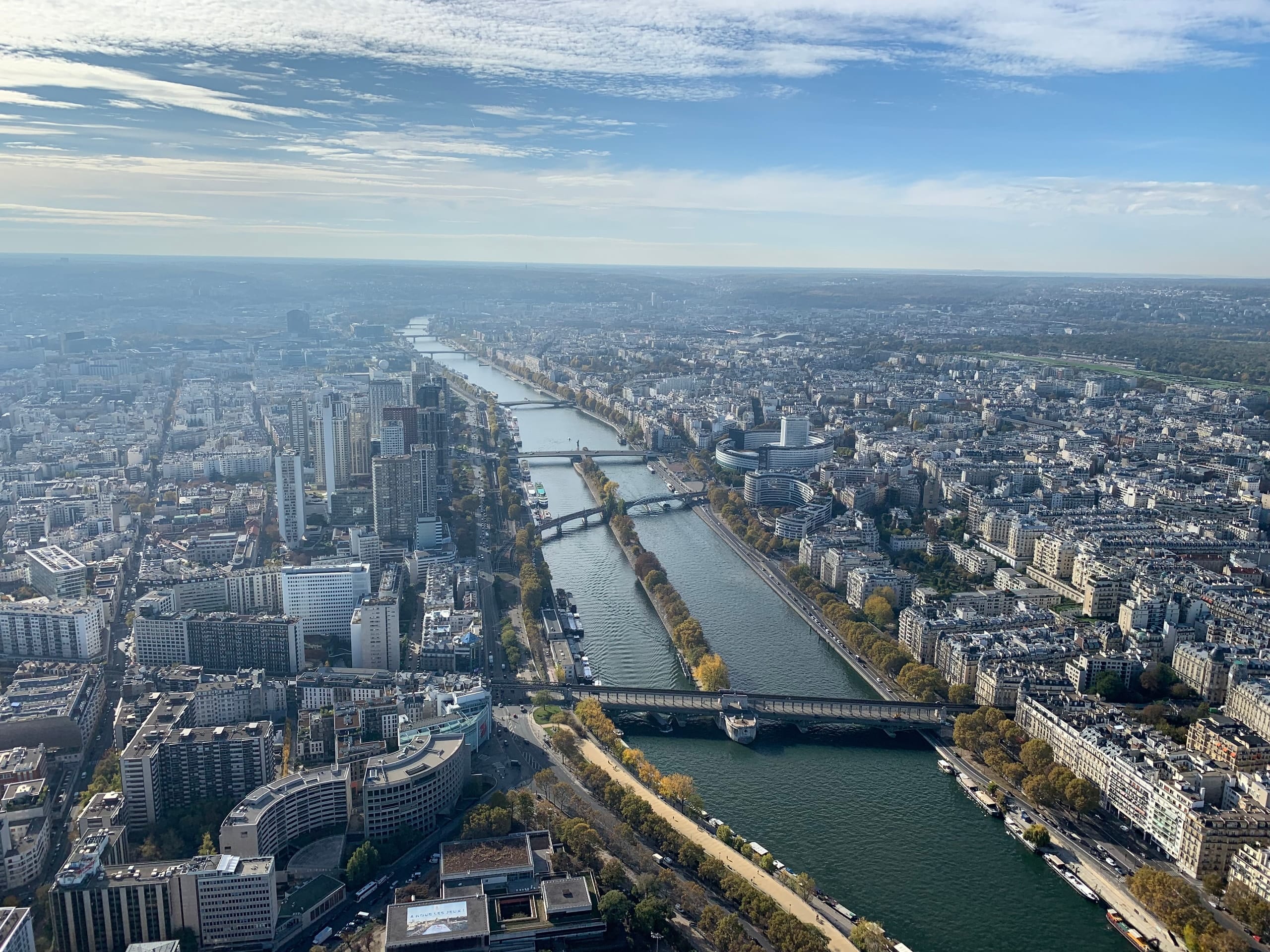 The Seine and its bridges from a high vantage, autumn trees on the island