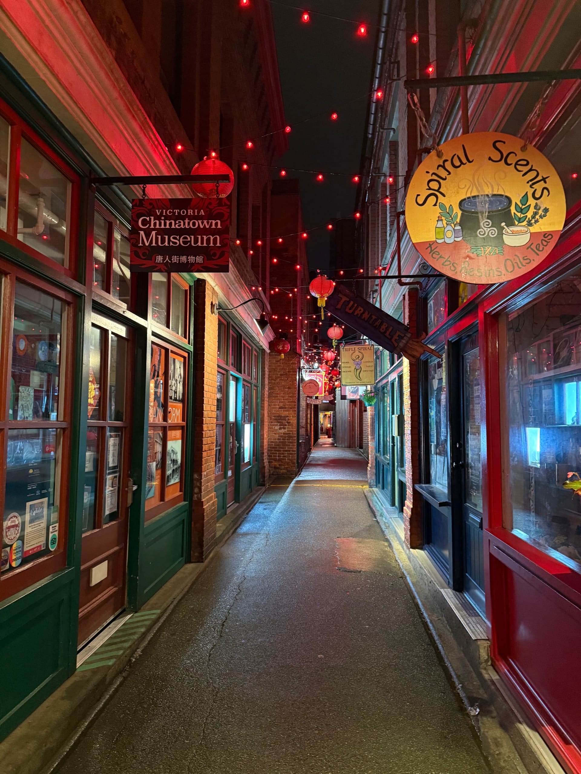 Red lanterns and shop signs down Fan Tan Alley at night
